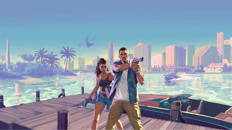 Jason and Lucia on a dock with the Vice City skyline behind them, official Grand Theft Auto VI artwork