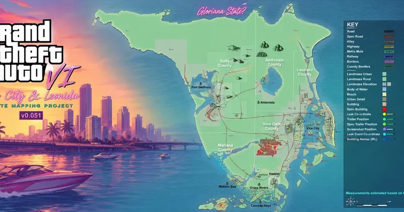 Community mapping project render of Leonida (v0.051), showing Vice City, the Leonida Keys, Grass Rivers, Port Gellhorn, Ambrosia and the surrounding counties