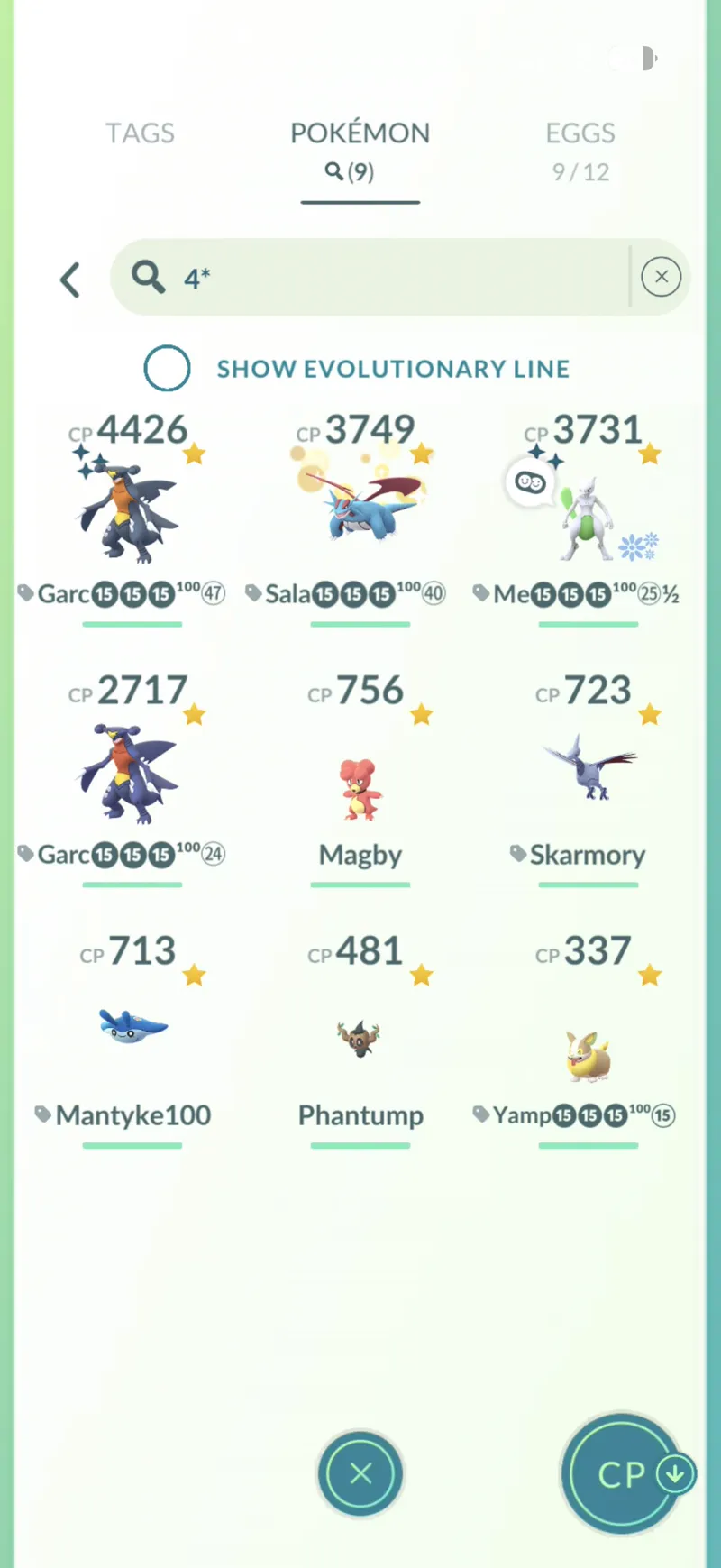 Pokemon GO search showing nine perfect-IV Pokemon