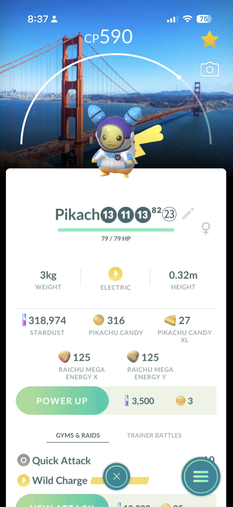 Event Pikachu in a space costume with the Golden Gate Bridge background