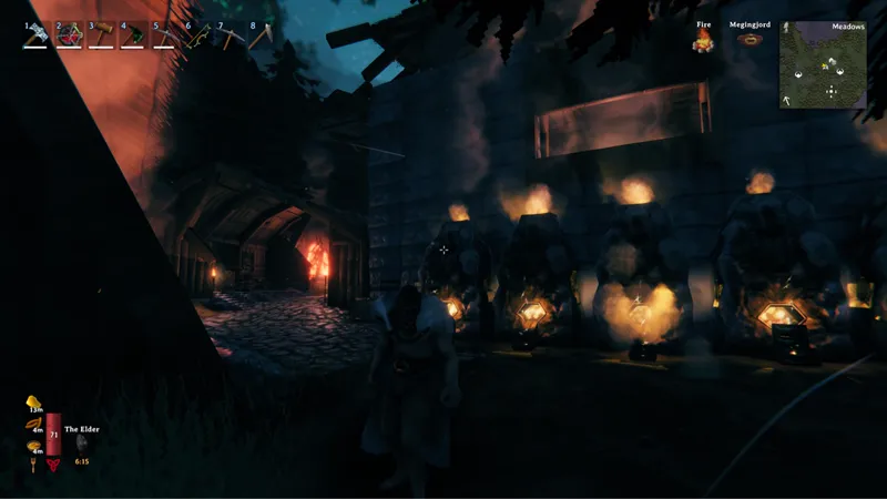 Blast furnaces glowing at night in our Valheim base