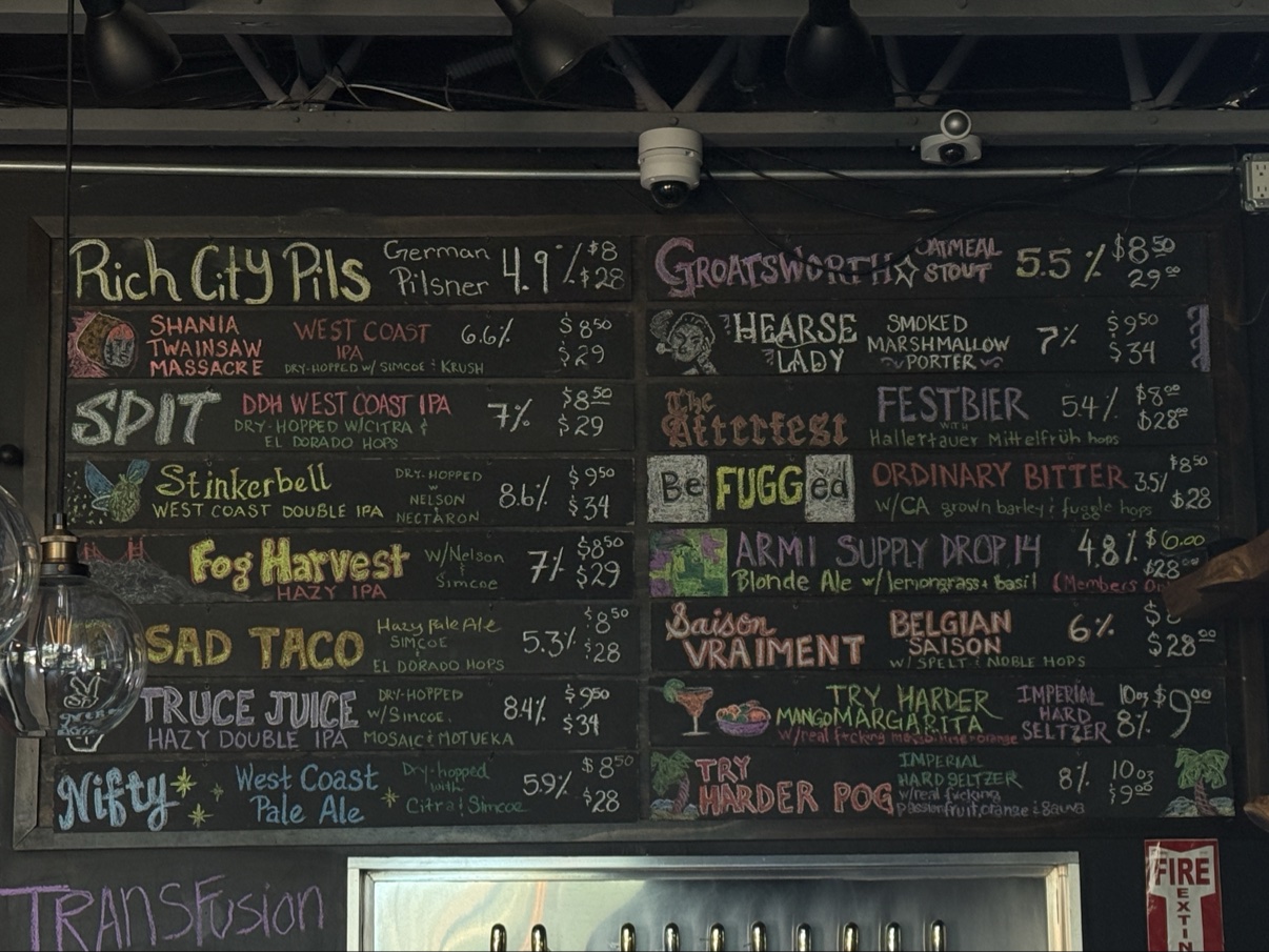 The chalkboard tap list at the brewery