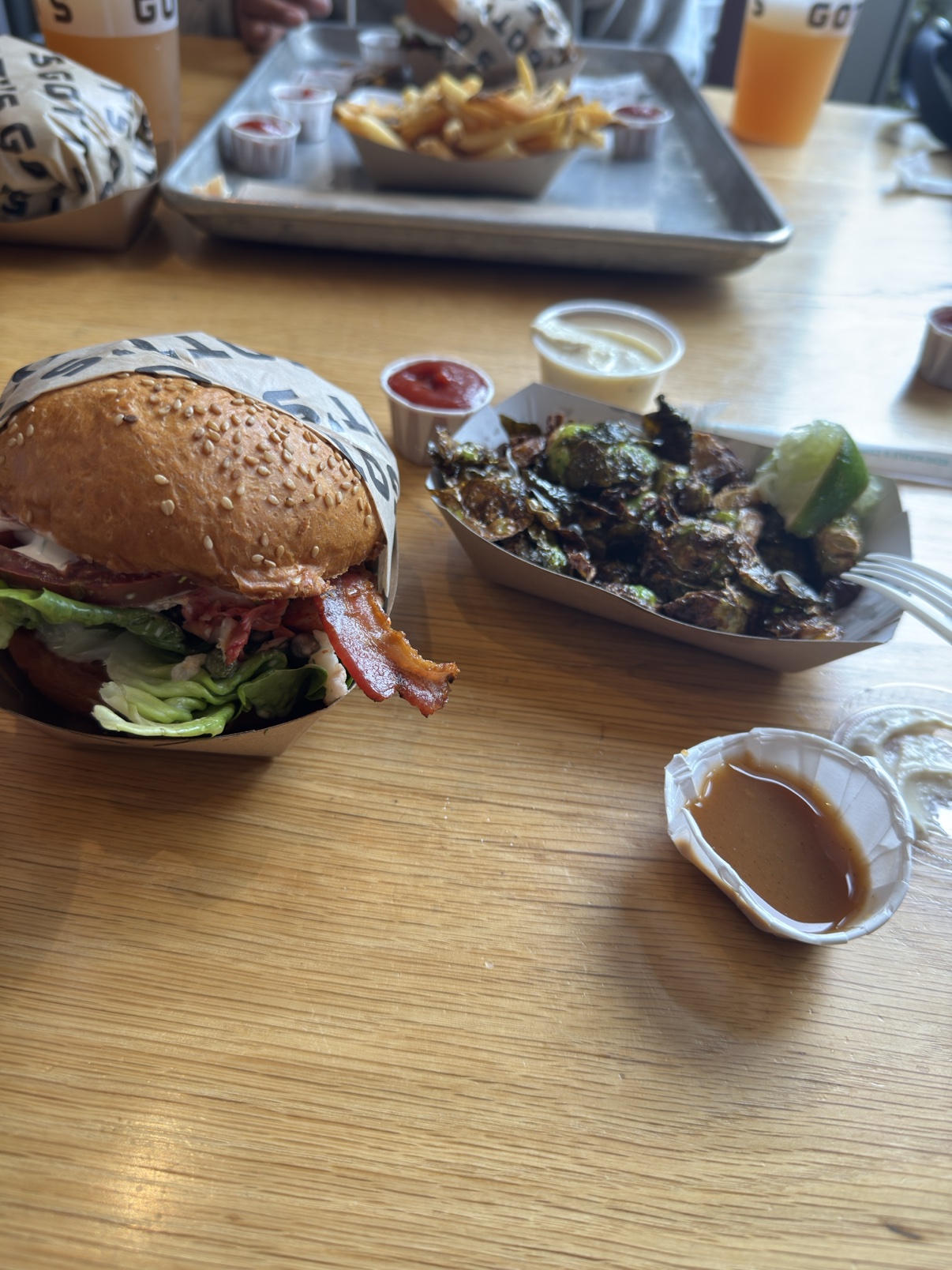 Mushroom burger and crispy brussels sprouts at Gott's Roadside