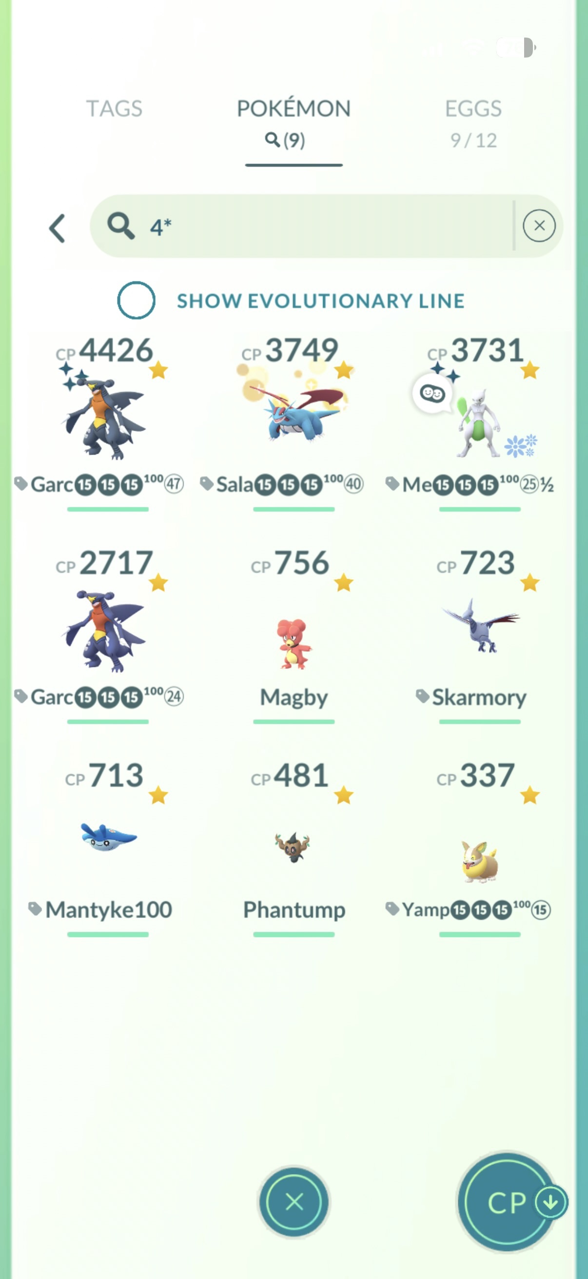 Pokemon GO search showing nine perfect-IV Pokemon