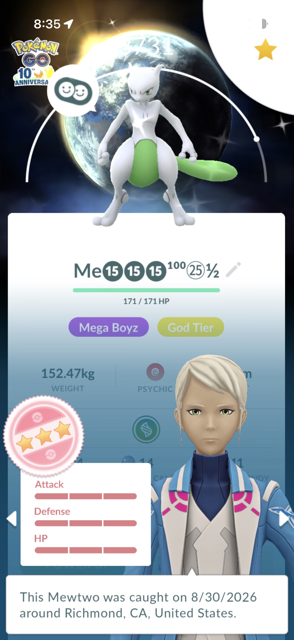 Shundo Armored Mewtwo, CP 3731, caught August 2026
