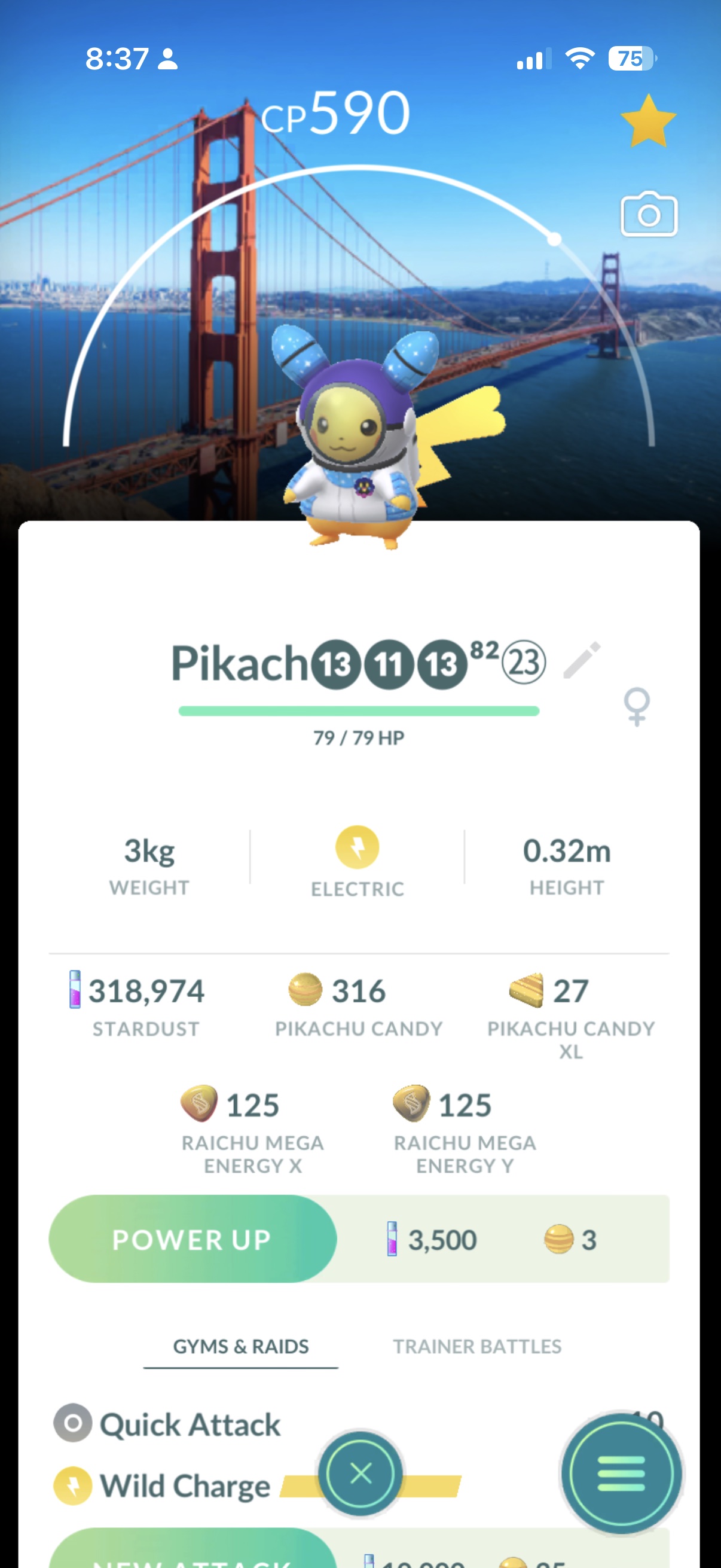 Event Pikachu in a space costume with the Golden Gate Bridge background